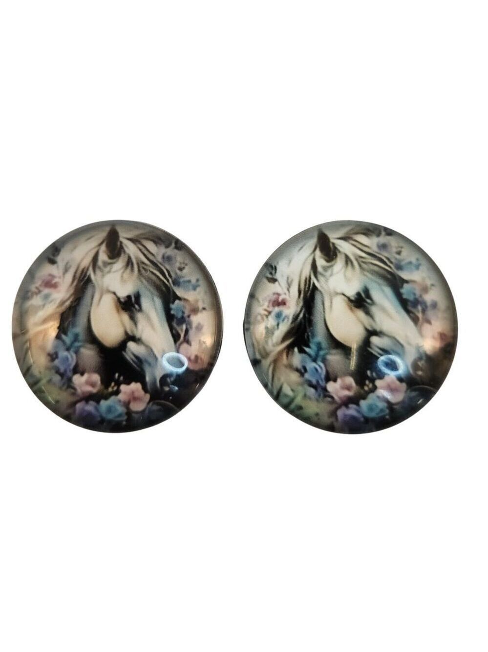Set of 2 White Horse Glass Cabochons 1 Inch Round, Floral Dome Craft Supply for